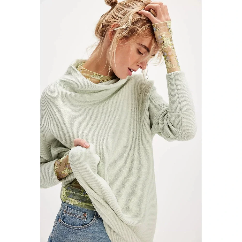 Free People Ottoman Slouchy Tunic Sweater Mint Green Ribbed Funnel Neck Size M